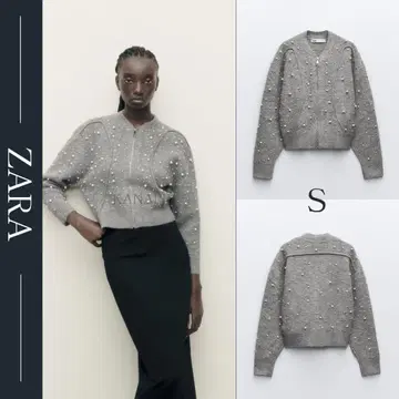 ZARA 모조 진주 니트 봄버 자켓 S 그레이 새상품