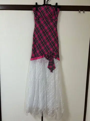 롱 드레스 핑크 체크 리본