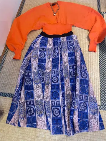 디자인 레이스 롱 스커트 블루 핑크