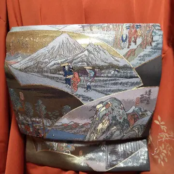 순수 실크 도카이도 53역 직조 원터치 후쿠로 오비 부착 오비 (811)