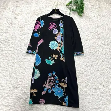 레오나르 롱 원피스 꽃무늬 트리밍 블랙 실크 혼방 M