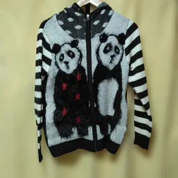 스칼라 팬더 디자인 후드 부착 니트 가디건