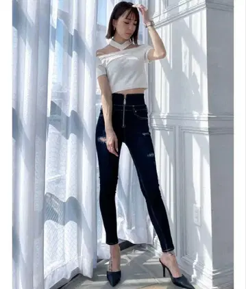 GYDA 하이웨스트 프론트 GG 데미지 스키니 데님 팬츠