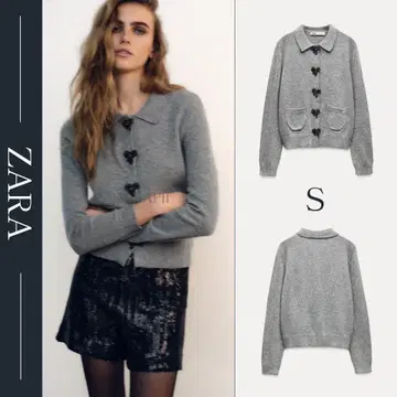 새상품 ZARA 리본 버튼 니트 자켓 S 그레이
