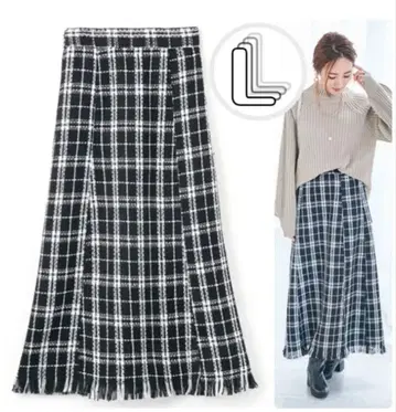 새상품 밑단 프린지 트위드 체크 무늬 롱 스커트 L 허리밴딩