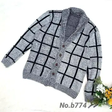 니트 가디건 스웨터 남성용 그레이 체크 무늬 두꺼운 원단 귀여운