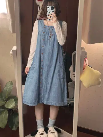 모리걸 코디 세트 4점 데님 원피스 가디건 클로버