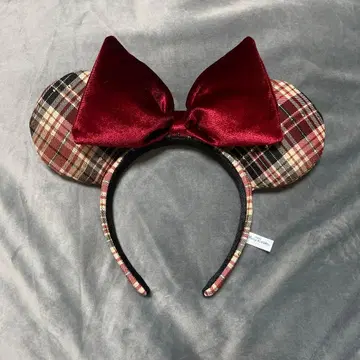 디즈니 미니 머리띠 빨간색 체크 무늬