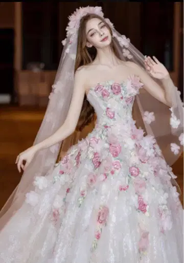 [ 미사용 새상품 ] 플라워 장식 컬러 드레스 꽃 핑크