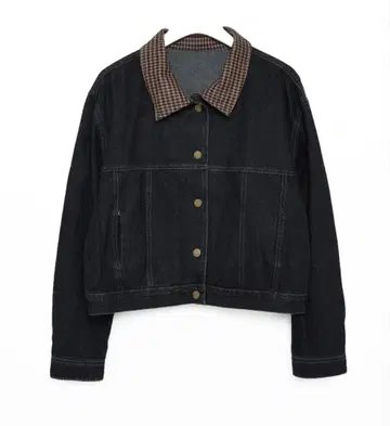 체크 무늬 옷깃 다크 데님 자켓