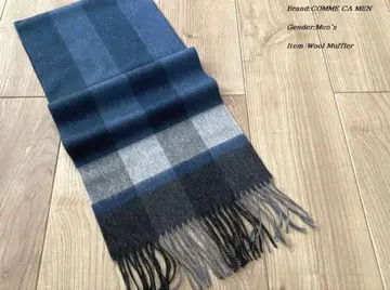 미사용품 꼼사맨 체크 무늬 블록 체크 울 머플러 네이비
