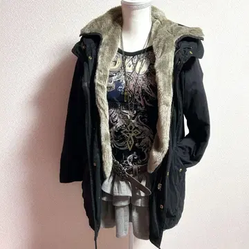 y2k 헤이세이 갸루 그런지 퍼 달린 모즈 코트 모리걸 후드