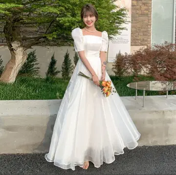 퍼프 슬리브 스퀘어 넥 웨딩 드레스