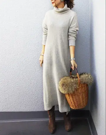 오페크 클립 울 혼방 터틀 니트 원피스 롱 그레이