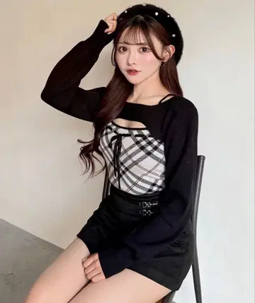 NOMAE 체크 리본 숏 레이어드 니트