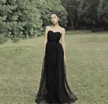 [ 새상품 ] 블랙 스트랩리스 튤 드레스 롱