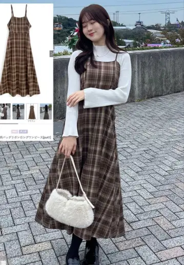 체크 무늬 백리본 롱 원피스