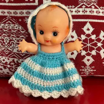 쇼와 레트로 손뜨개질 원피스 블루 화이트 15cm 큐피 인형 k-94