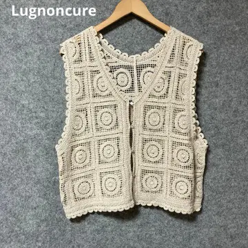 Lugnoncure 베이지 크로 셰 뜨개질 V넥 베스트