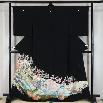 유젠 패턴 꿩 풍경 순수 실크 블랙 포멀 기모노 155cm a826