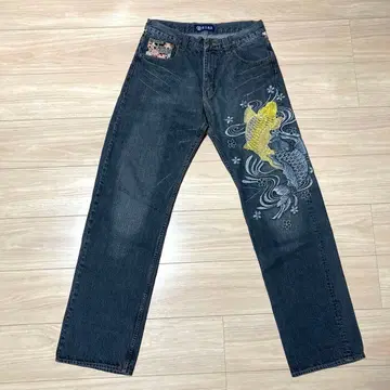 청바지 G 데님 청바지 M 사이즈 일본풍 패턴 자수 잉어
