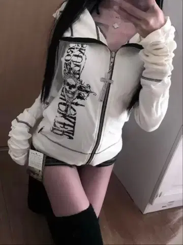 그런지 y2k archive 스컬 프린트 화이트 후드티