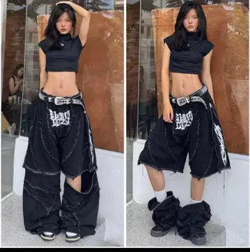 블랙 그래픽 프린트 와이드 레그 팬츠