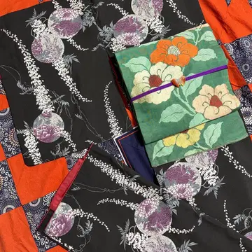 워셔블 기모노 화학 섬유 코몬 동누키 꽃무늬 블랙 보라색 그린