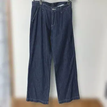 언타이틀 다크 블루 턱 와이드 레그 데님 팬츠 청바지