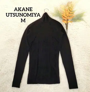 아카네 우츠노미야 여성용 리브 니트 (M) 블랙 울 절개 하이넥