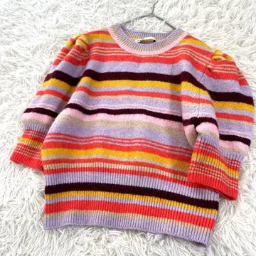 자라 컬러풀 볼륨 소매 울 보더 니트 풀오버 스웨터