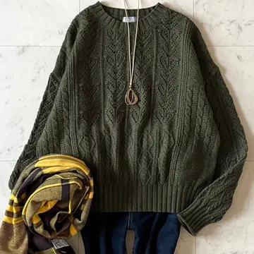 새상품급*매킨토시 철학 울 혼방 믹스 케이블 니트 M 카키