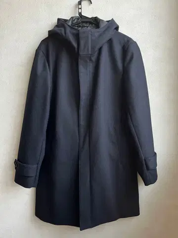남성용 네이비 후드 부착 울 코트