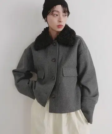 푸들 퍼 칼라 숏 블루종 보아 옷깃 블루종 아우터 그레이 Lian