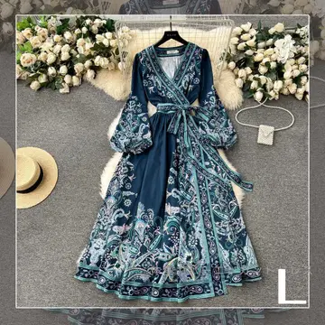[ L ] 에스닉 꽃무늬 롱 원피스 체형 커버 페이즐리 보타니컬