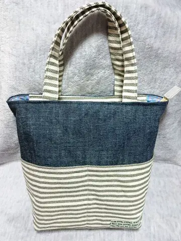 올리브 스트라이프 데님 토트백