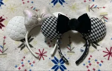 디즈니 머리띠 화이트 펄 블랙 하운드투스 체크 세트