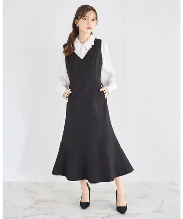 포켓 펄 장식 퀼팅 오버롤 스커트