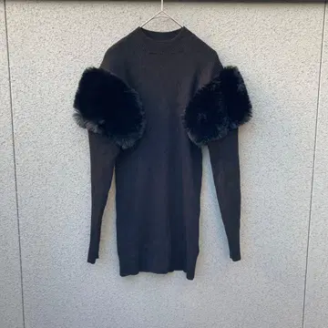 2962 [ 그레일 ] S 니트 미니 원피스 에코 퍼 부착 튜닉 블랙