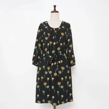 로라 애슐리 U넥 꽃무늬 원피스 7부 소매 벨트 포함 블랙 7*HD714