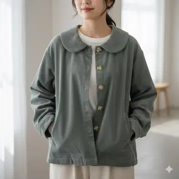 에카 소포 드로 코드 카라 부착 여성용 자켓 그린 긴팔 버튼