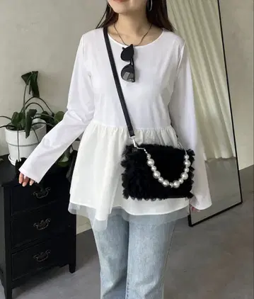 prose verse 밑단 튤 백 메탈 레이어드 페플럼 롱 T 화이트