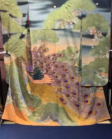 앤티크 후리소데 공작과 소나무 문양 빈티지 리메이크 럭셔리 고급