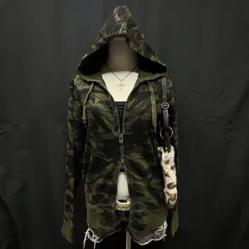 헤이세이 갸루 y2k 그런지 카모플라쥬 집업 후드티 후디 더블 지퍼