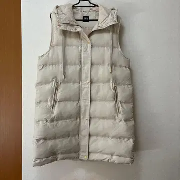 ZARA 후드 부착 롱 다운 베스트 베이지