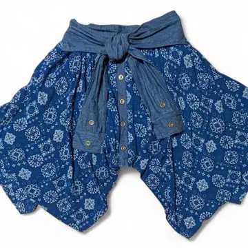 네이비 블루 페이즐리 플레어 스커트 데님 조