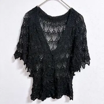 새상품급 레이스 짜임 블랙 가디건 반팔 크로셰 뜨개질 블랙 BLACK