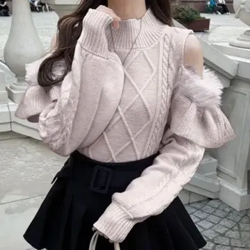 GRL 그레일 페더 숄더 오픈 니트탑 핑크 양산형 지뢰