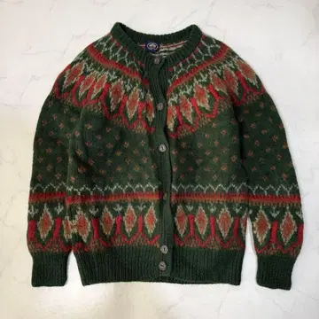 빈티지 울100% 니트 가디건 올 패턴 그린 M