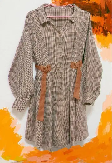 체크 무늬 긴팔 원피스 [ 브라운 ]